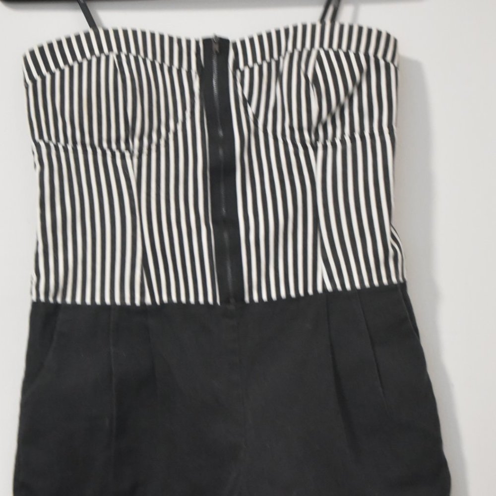 Black and White Pleated Strapless Romper